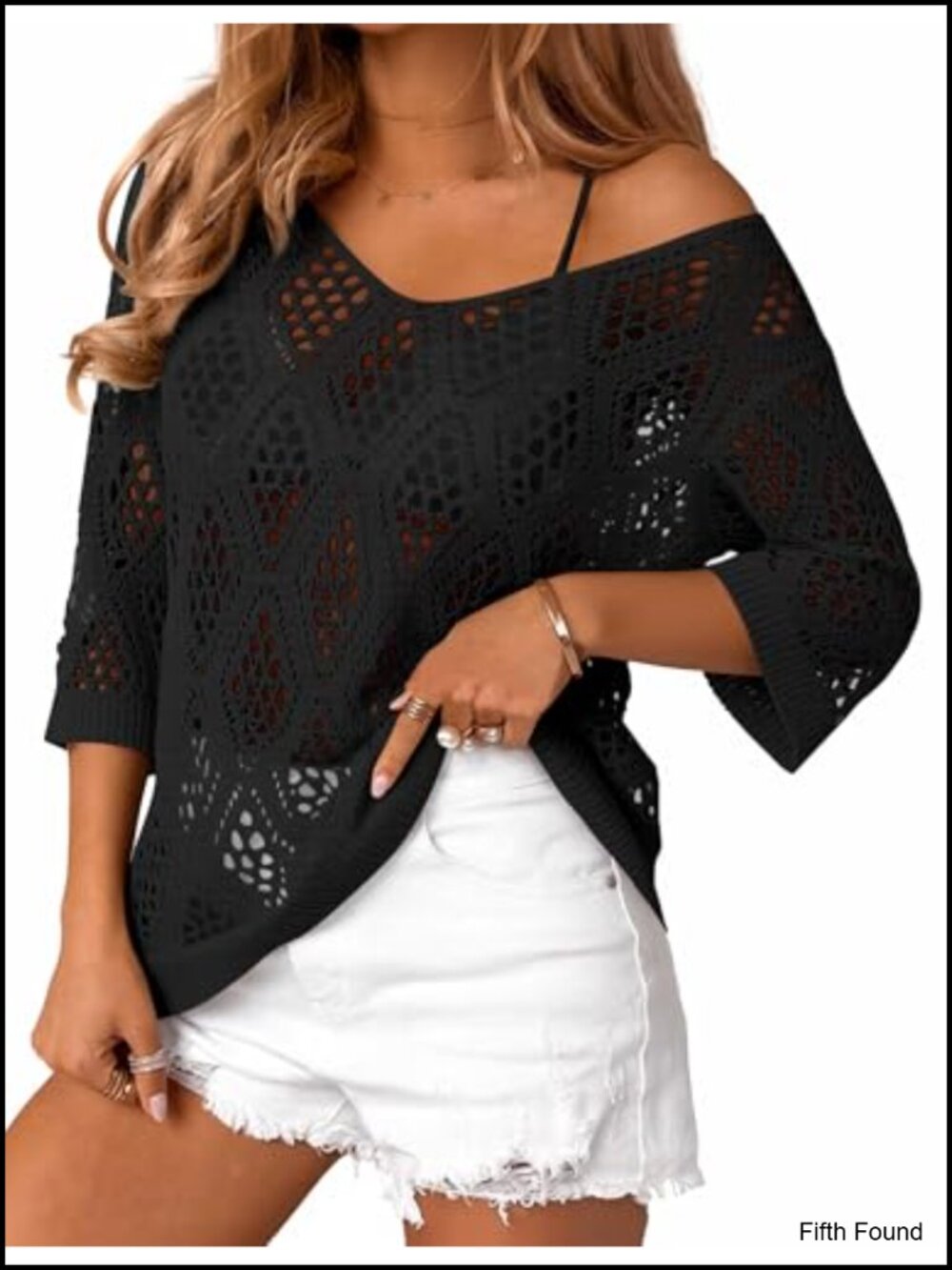 Womens 3/4 Sleeve Crochet Sweater V-Neck Beach Cover Up Top